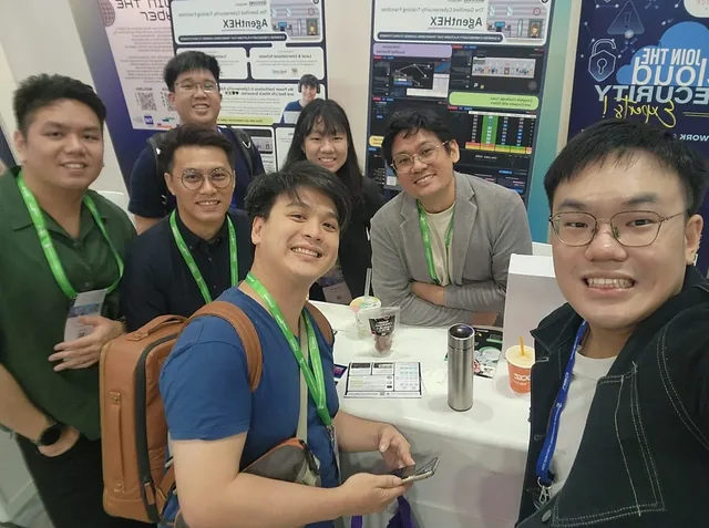 Team members at Hexcore Labs exhibition booth at Govware 2024, standing in front of displays showcasing the Hexcore Arena