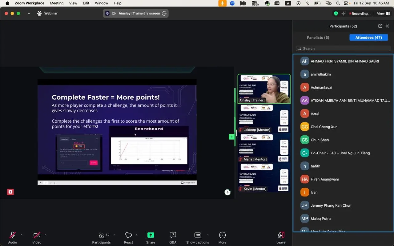 Zoom meeting screen showing CTF competition presentation with scoring rules and participant list sidebar during Malaysia Day 2025 event