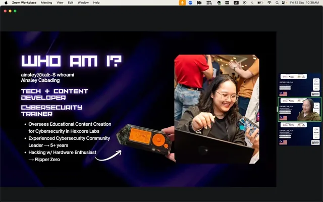Zoom meeting screenshot showing a person's profile slide with their name, job title as Tech and Content Developer Cybersecurity Trainer, and qualifications list
