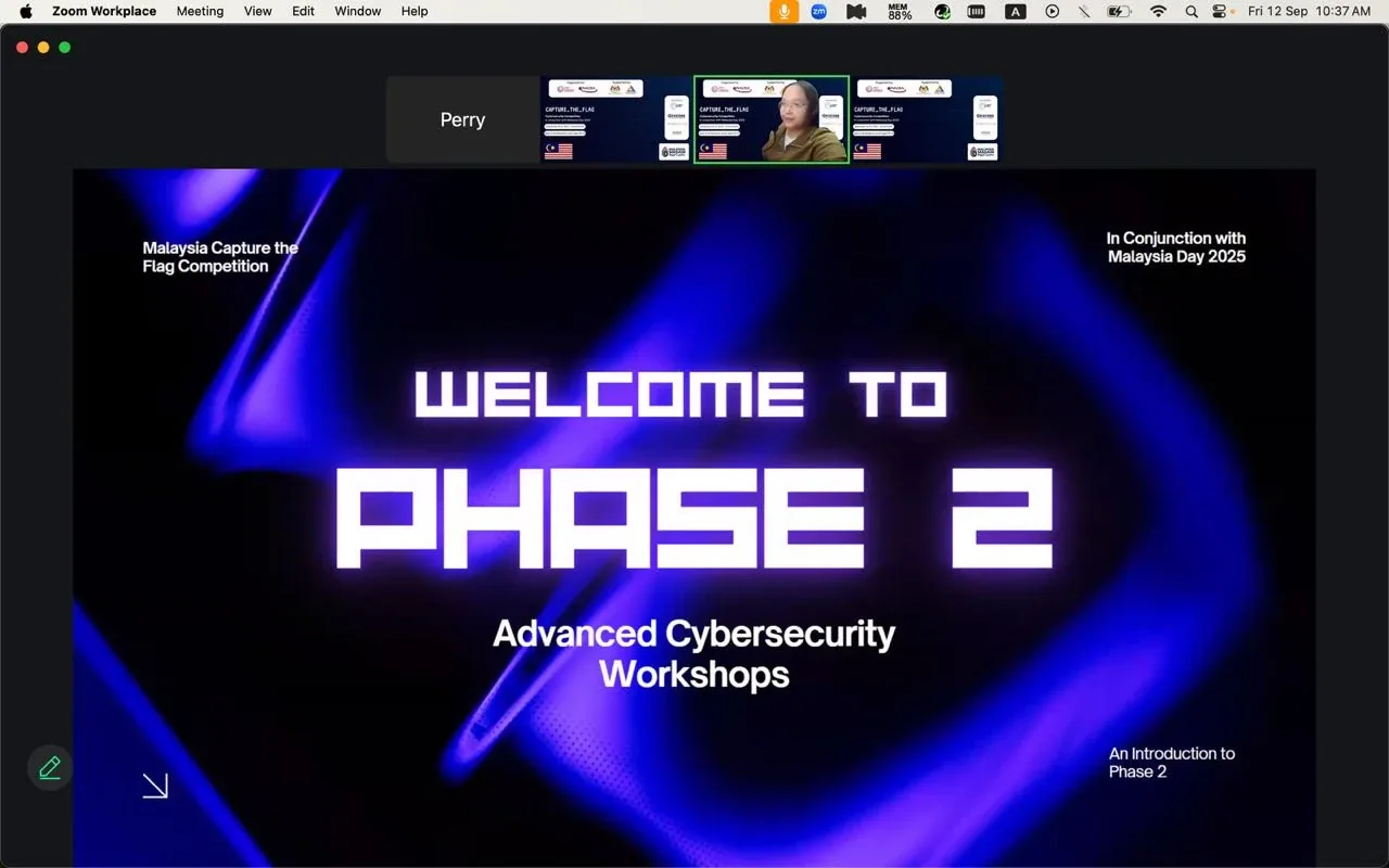 Zoom meeting screenshot showing a welcome slide for Phase 2 Advanced Cybersecurity Workshops for Malaysia Capture the Flag Competition in conjunction with Malay