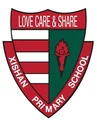 Xishan Primary School badge with red and white stripes, green tree symbol and Latin motto